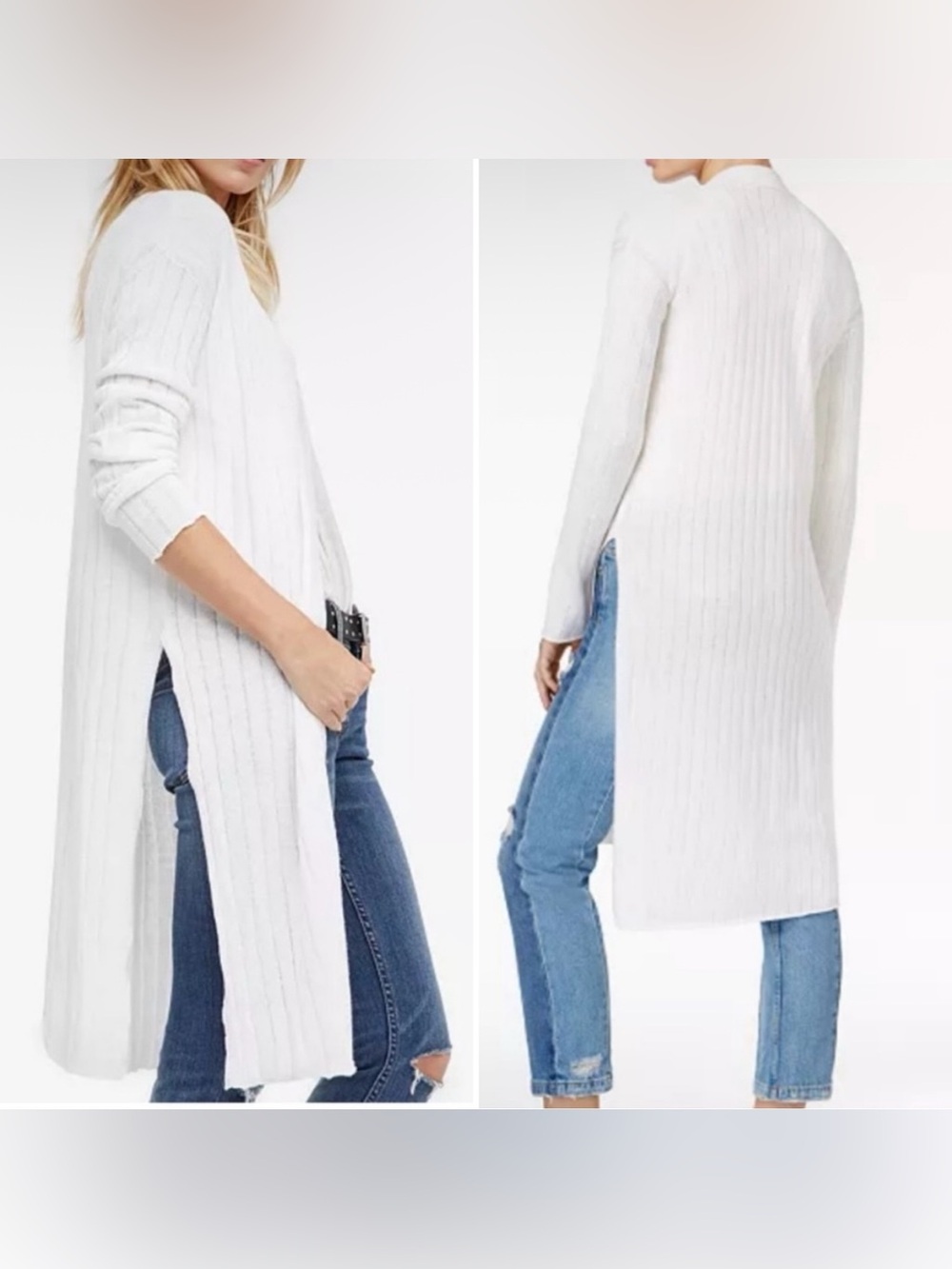 Free People Womens Ribby Rib Duster Cardigan Sweater Size S Open Front White